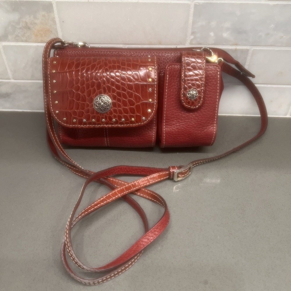 Vtg Red Brighton Crossbody Purse Leather Handbag W/Wallet Pocket Croc Embossed